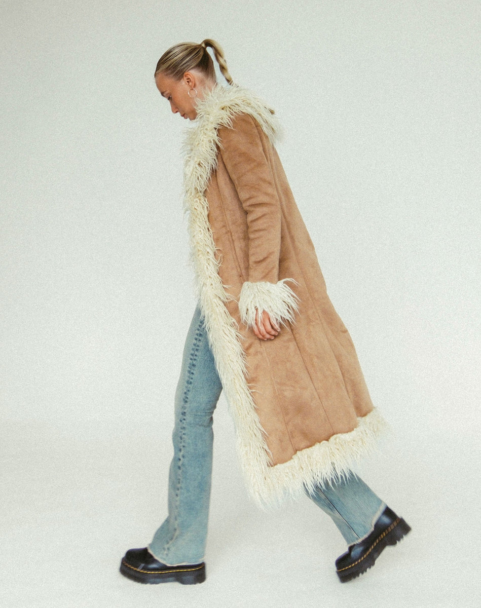 Sand Brown Longline Fur Trim Coat | Minho – motelrocks-com-us