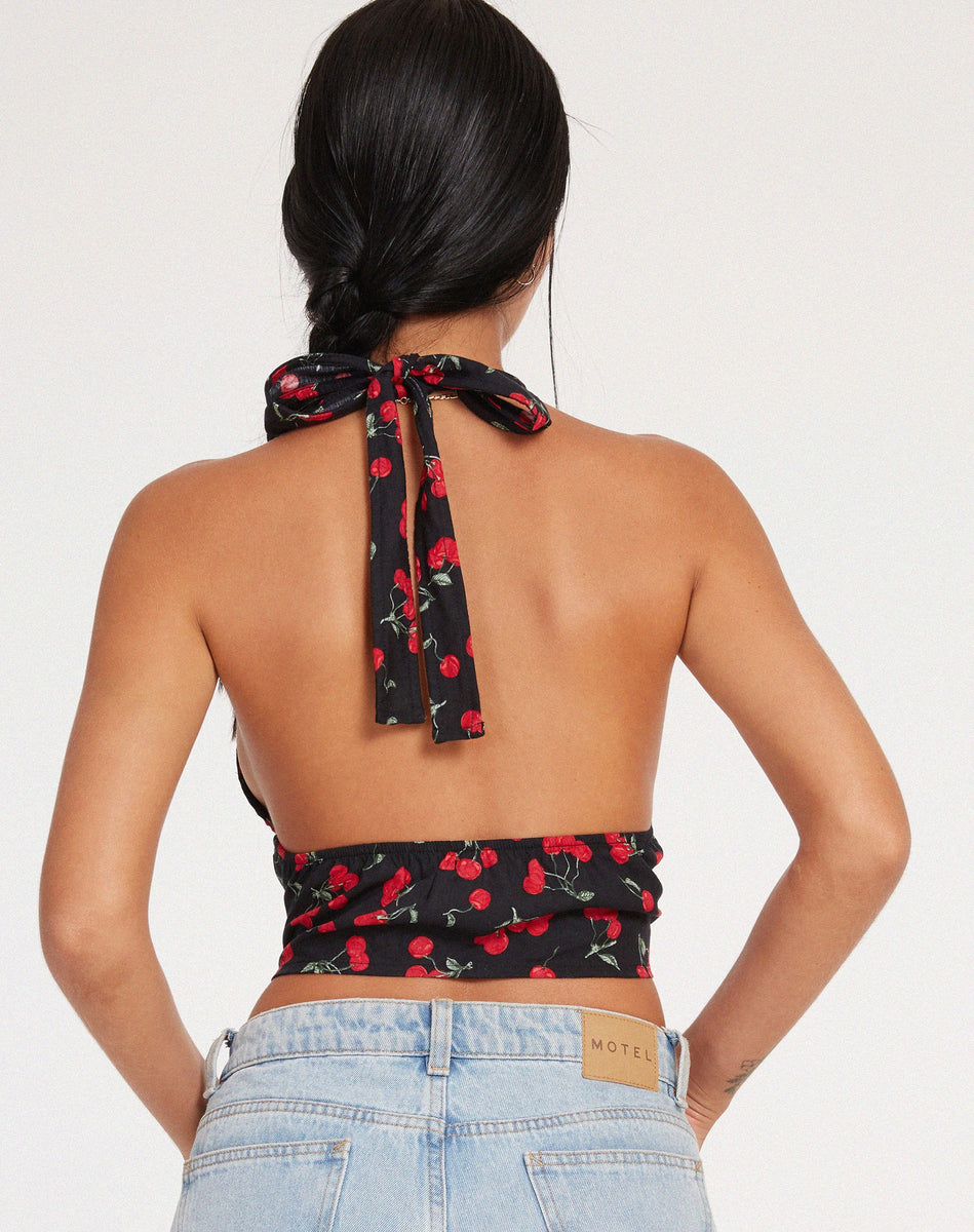 Black and Red Cherry Print Halter Neck Crop Top | Nanda