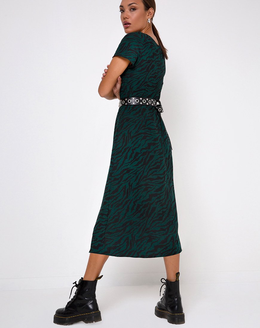 snake print dress green Short Sleeve Green and Black Zebra Midi Dress