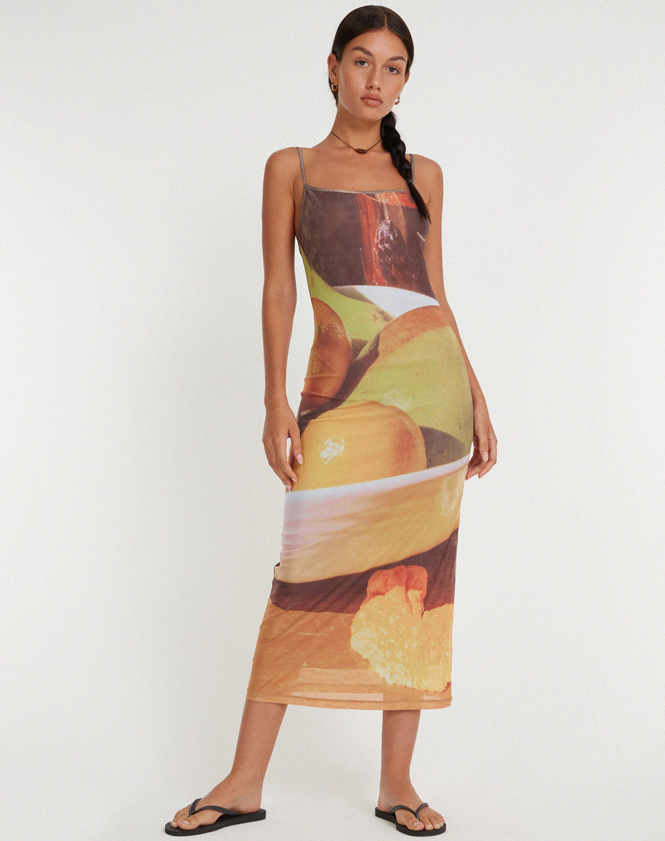 Fruit Print Square Neck Maxi Dress Nori