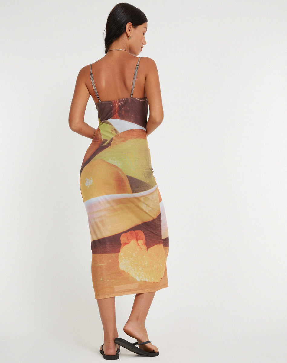 Fruit Print Square Neck Maxi Dress Nori