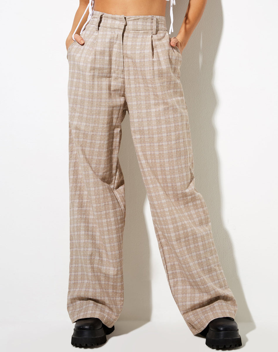 High Waist Beige and White Check Wide Leg Trouser | Onfal