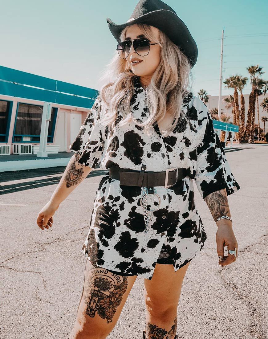 Fresia Mini Dress in Cow Hide Brown and White Fresia Mini Dress in Cow Hide Brown and White