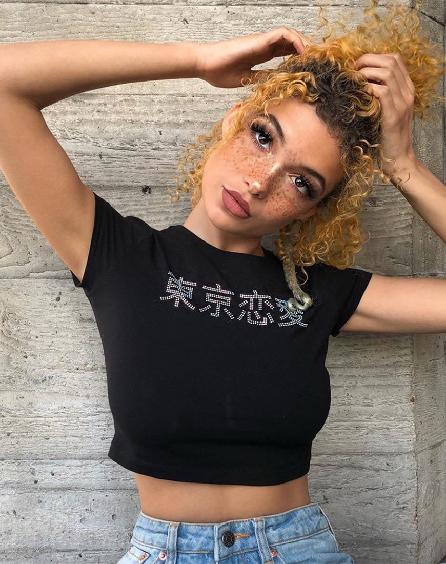 Image of Tiney Crop Top Tee in Black with Diamante Hotfix