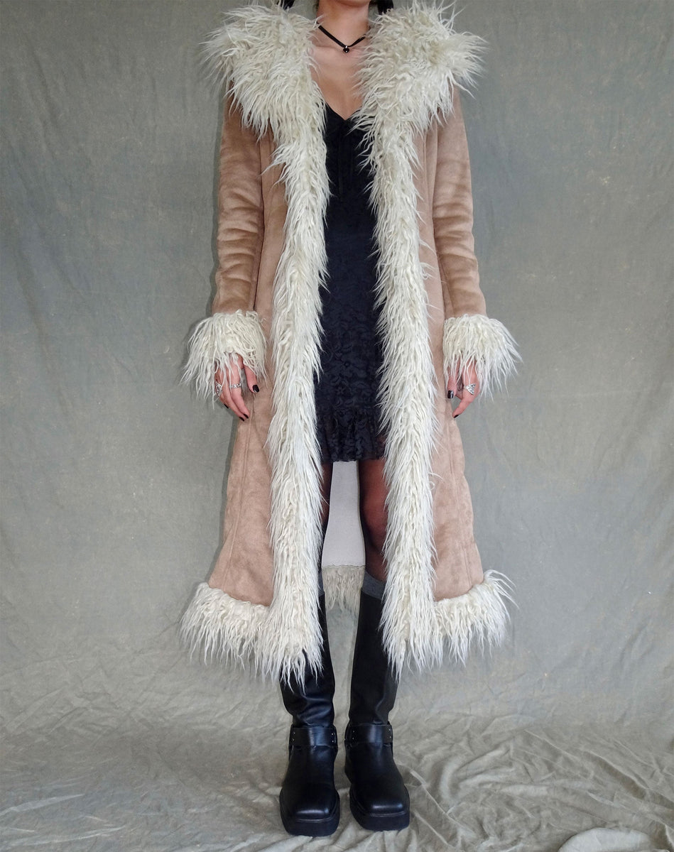 Sand Brown Longline Fur Trim Coat | Minho – motelrocks-com-us