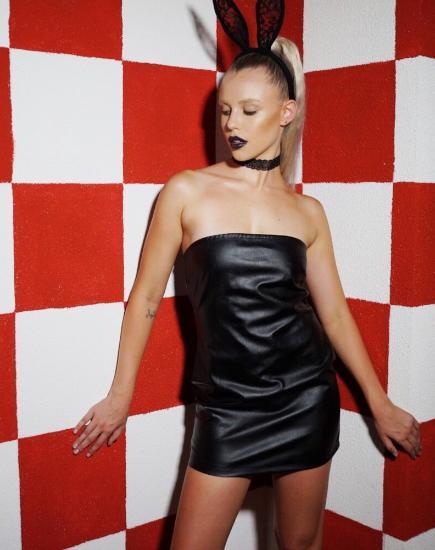 Bandeau Vegan Leather Black Mini Dress | Brandy