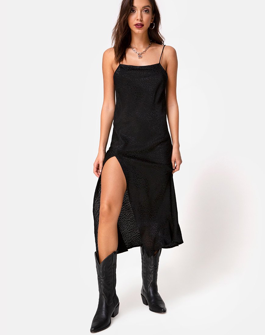 Quinty Midi Dress in Satin Cheetah Black Quinty Midi Dress in Satin Cheetah Black
