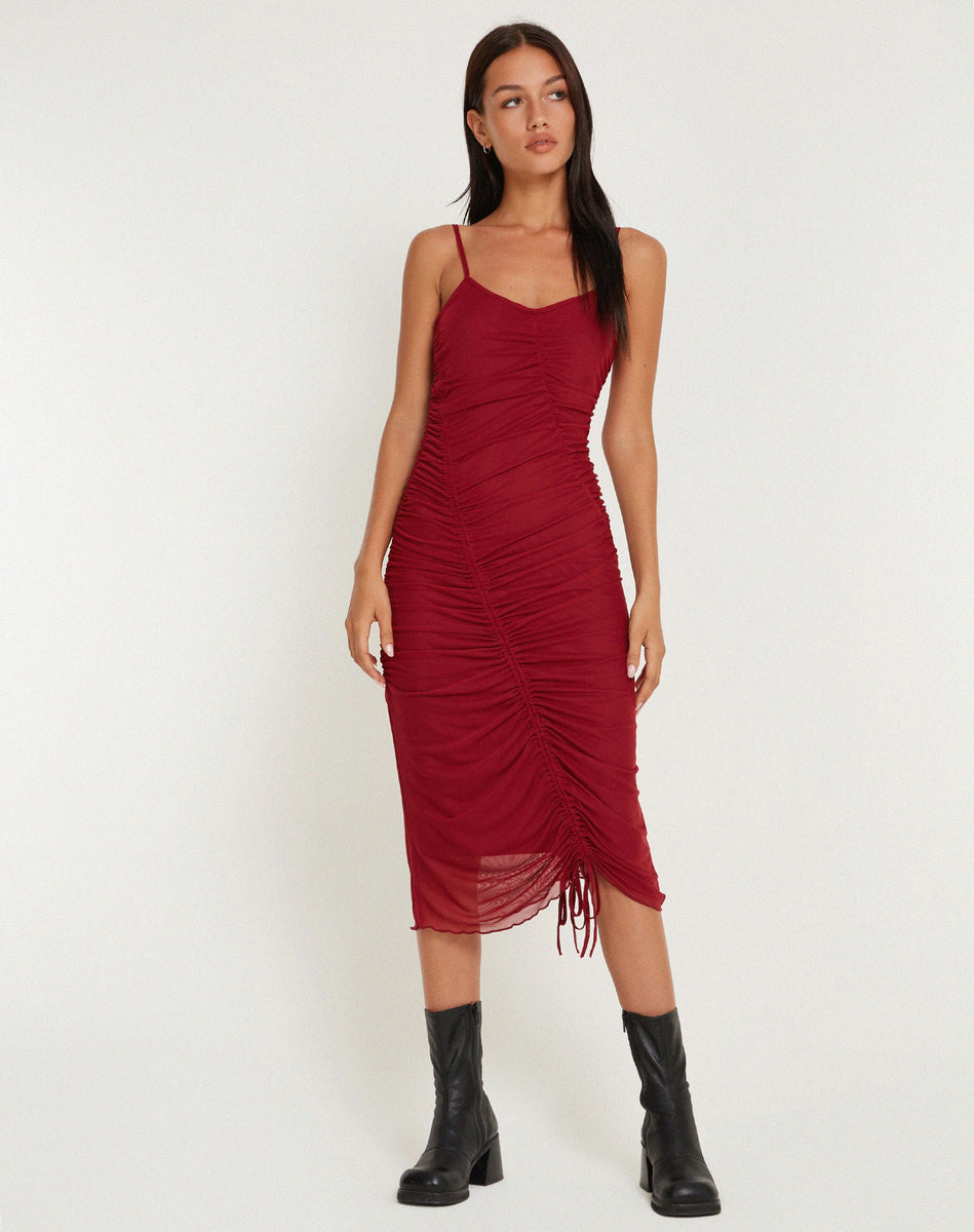 Burgundy Midi Dress For Wedding Guest Dark Red Plunge Neck Ruched Midi Dress Dulcia Motelrocks-com-us Burgundy Midi Dress For Wedding Guest Dark Red Plunge Neck Ruched Midi Dress Dulcia Motelrocks-com-us