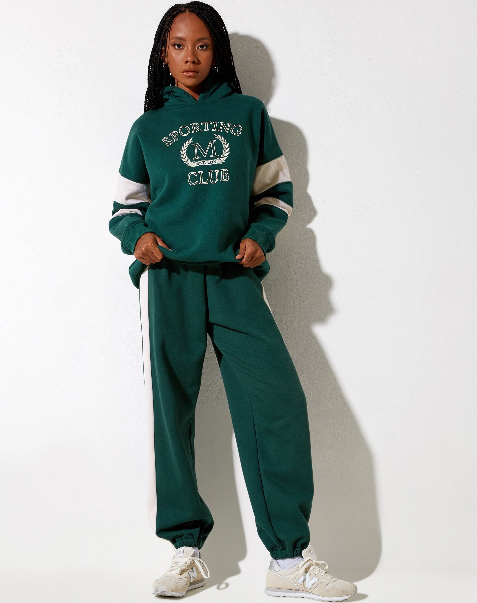 Image of Mora Hoodie in Forest Green and Winter White Sporting Club Mix Embro