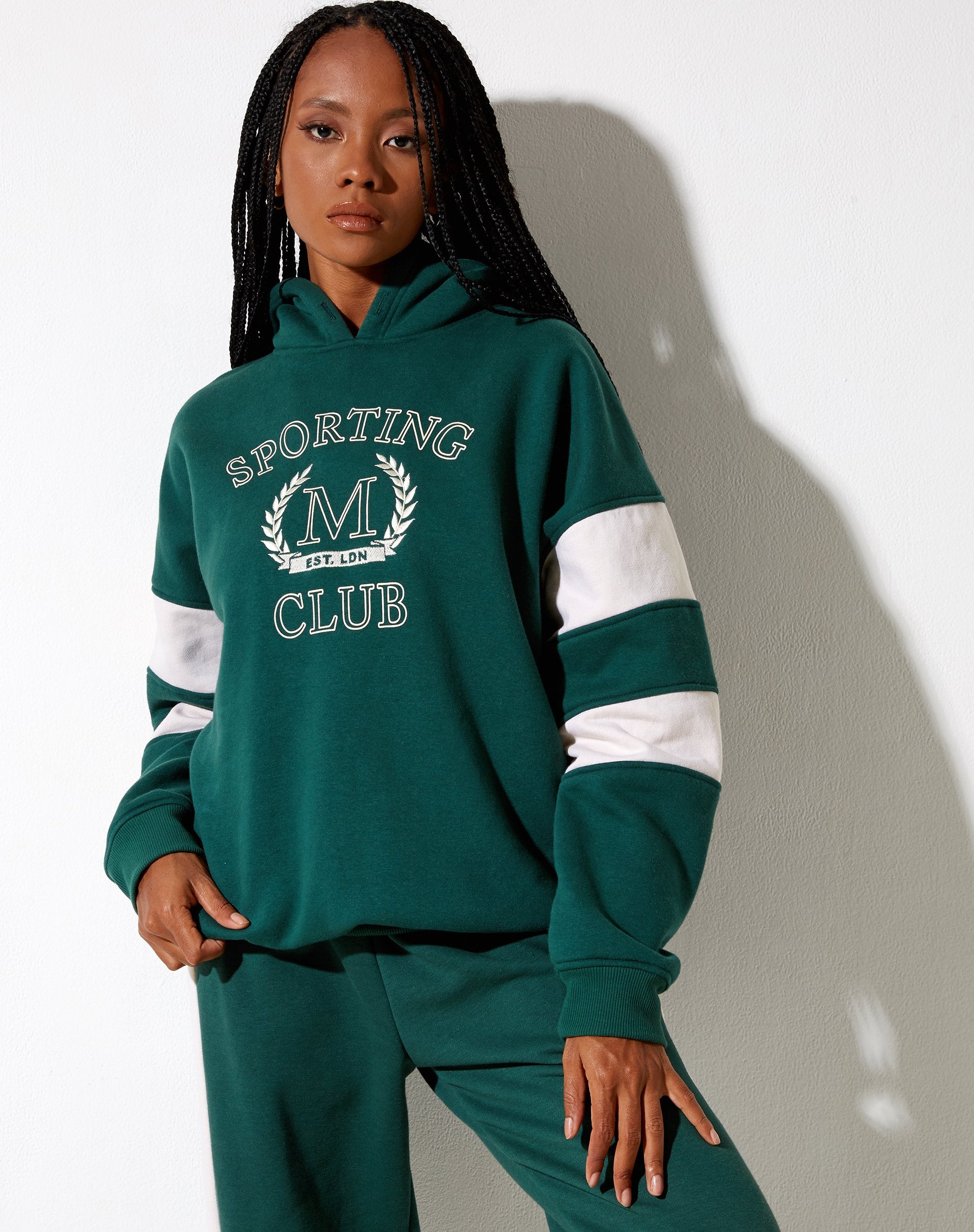 Image of Mora Hoodie in Forest Green and Winter White Sporting Club Mix Embro