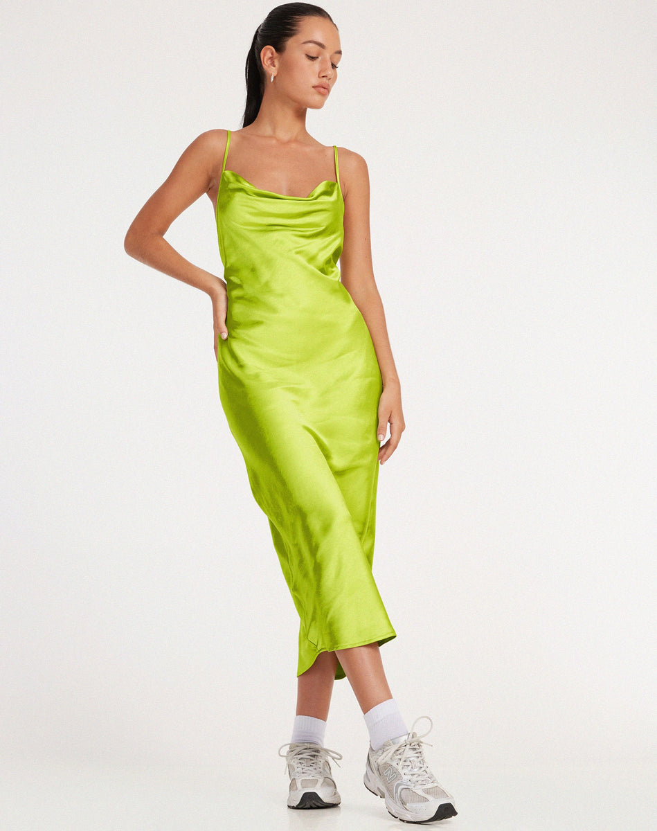 Cowl Neck Satin Lime Green Midi Dress | Palasha motelrocks-com-us Cowl Neck Satin Lime Green Midi Dress | Palasha motelrocks-com-us