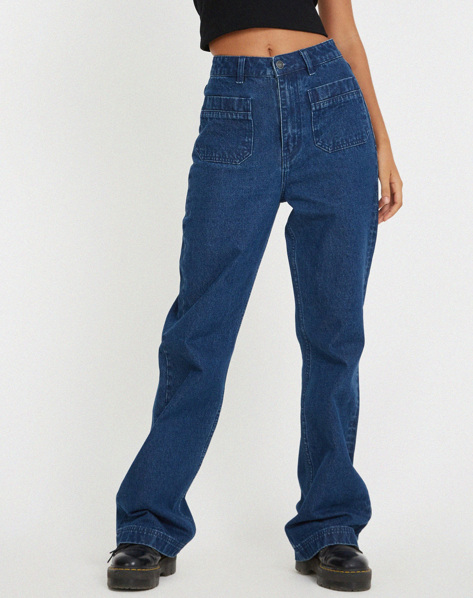 Front Pocket Indigo Flare Leg Jean | Retro Pocket Flare Jean