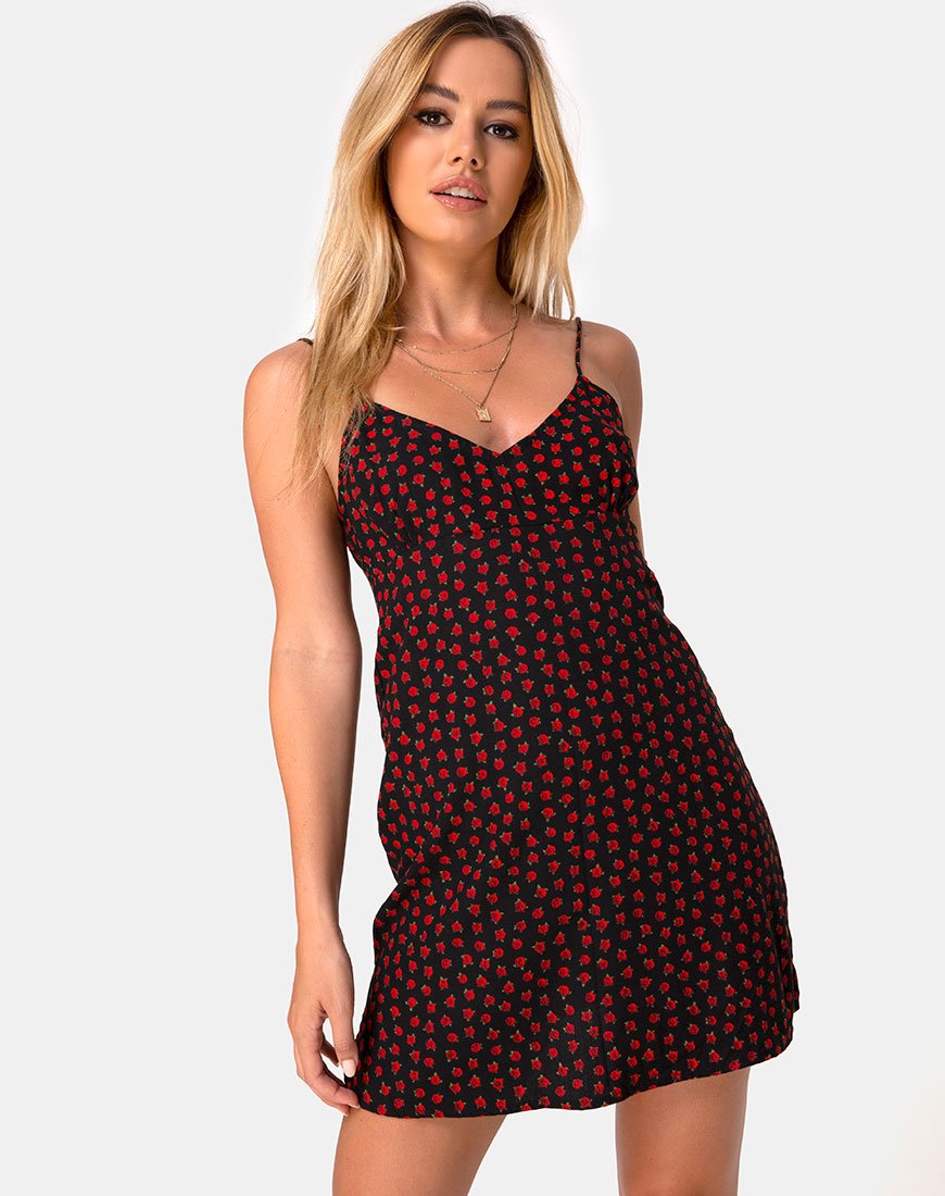 open lace back dress Black and Red Floral Tie Waist Slip Dress – Pink House Boutique main image 1