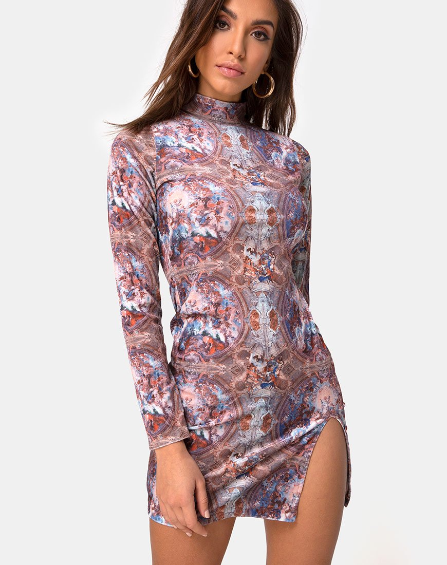 Printed Mesh High Neck Bodycon Dress