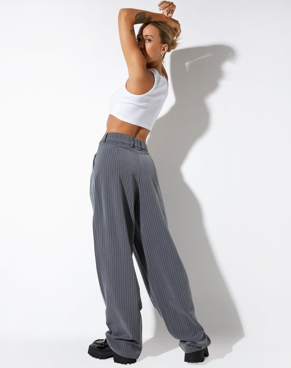 Grey Pinstripe Belted Wide Leg Trousers