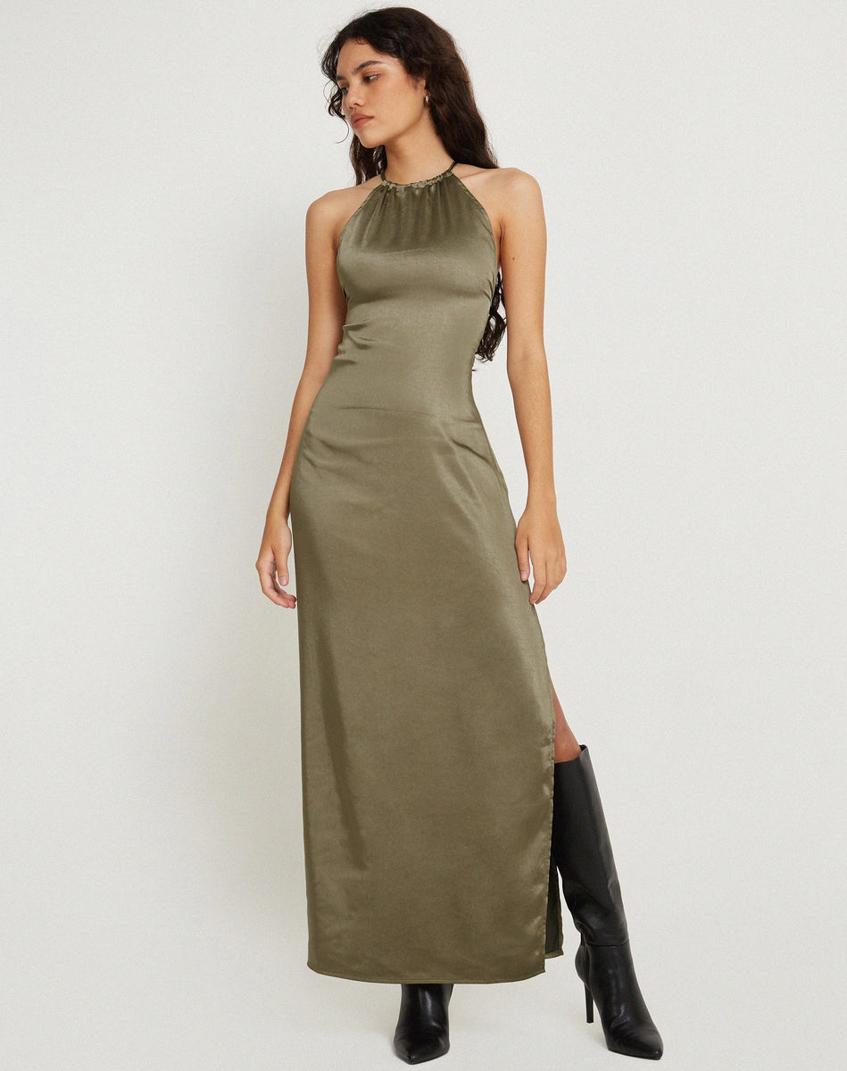Satin Dark Olive Halter Neck Maxi Dress | Salazar motelrocks-com-us Satin Dark Olive Halter Neck Maxi Dress | Salazar motelrocks-com-us