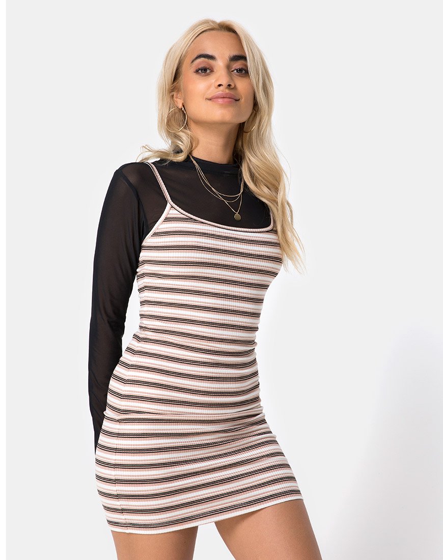 Saleh Bodycon Dress in Rib Stripe Cream Black and Tan Saleh Bodycon Dress in Rib Stripe Cream Black and Tan