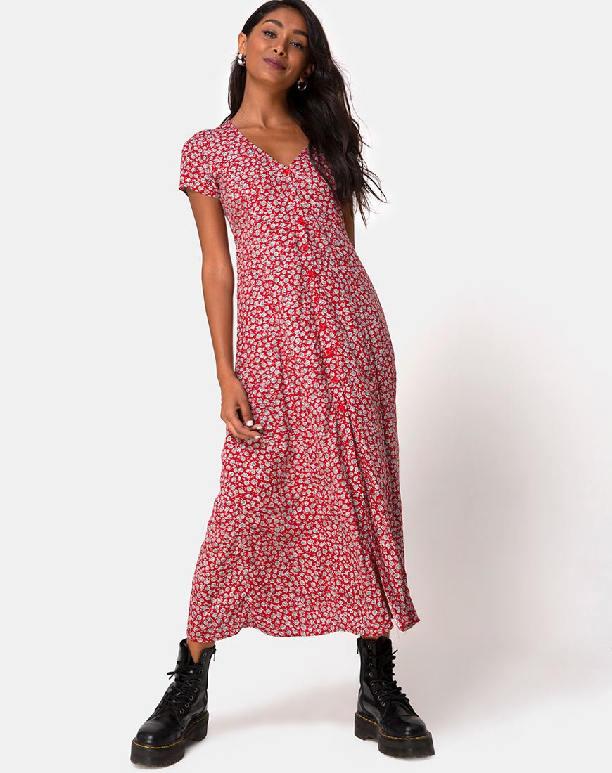 red ditsy midi dress Floral Red and Silver Midi Dress