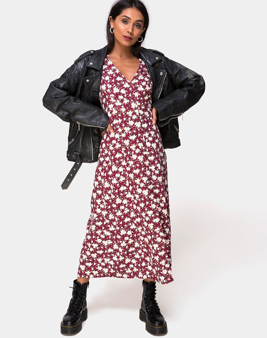 knee length dresses for ladies Plus Size Red Floral Wrap V Neck Long Sleeve Midi Dress – Pluspreorder main image 1