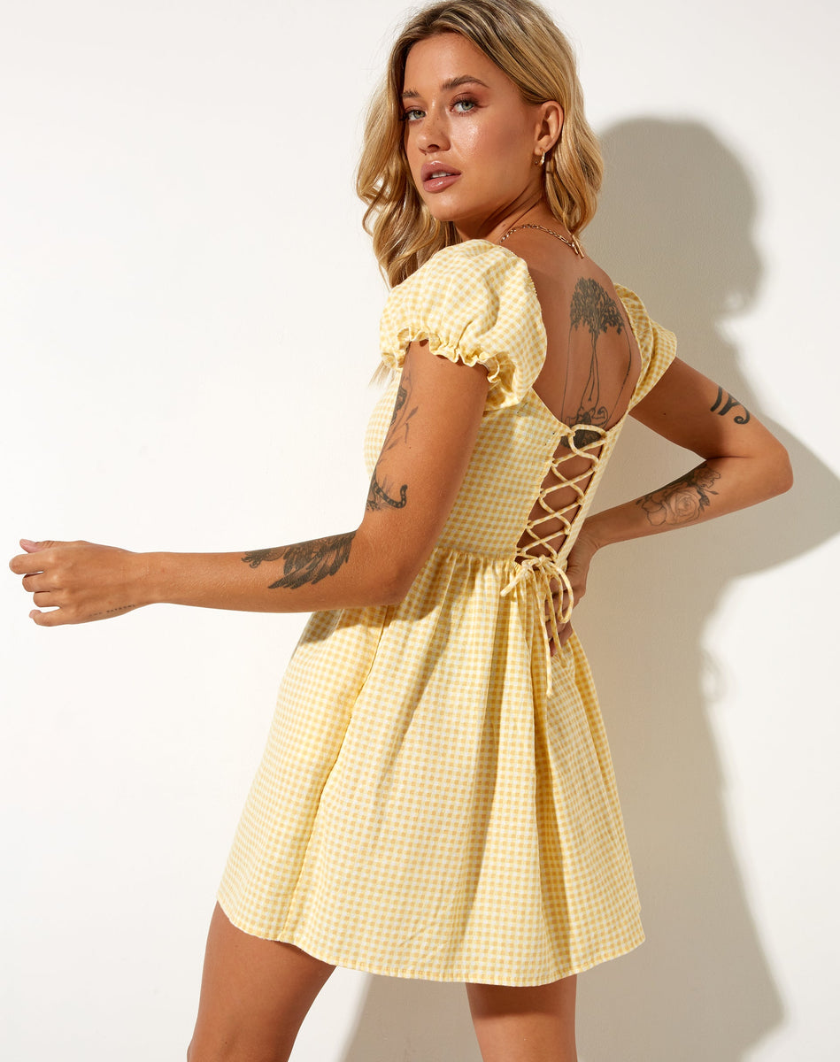 Short Sleeve Yellow Gingham Skater Dress | Saunder