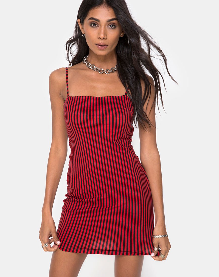Selah Bodycon Dress in Mini Stripe Red and Black Selah Bodycon Dress in Mini Stripe Red and Black