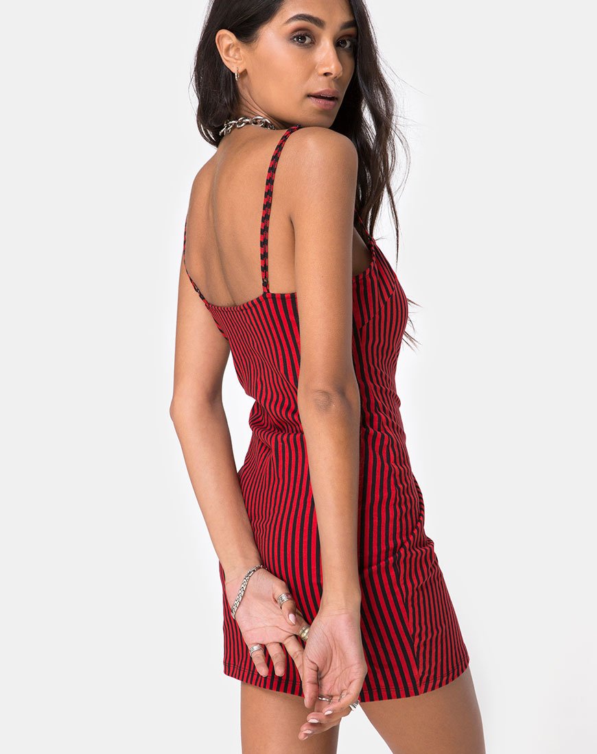 Selah Bodycon Dress in Mini Stripe Red and Black motelrocks-com-us Selah Bodycon Dress in Mini Stripe Red and Black motelrocks-com-us