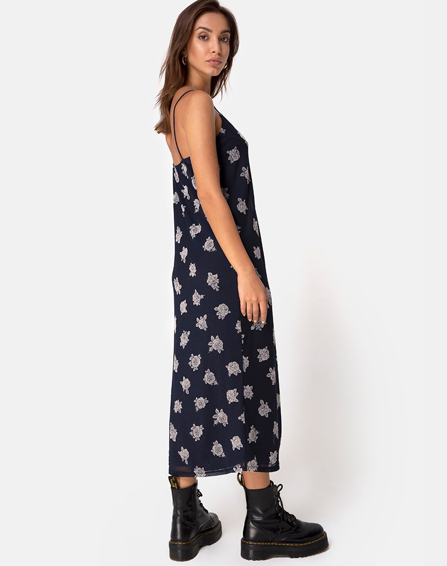 black floral midi slip dress Sini Slip Midi Dress in Rose Flock Black Mesh