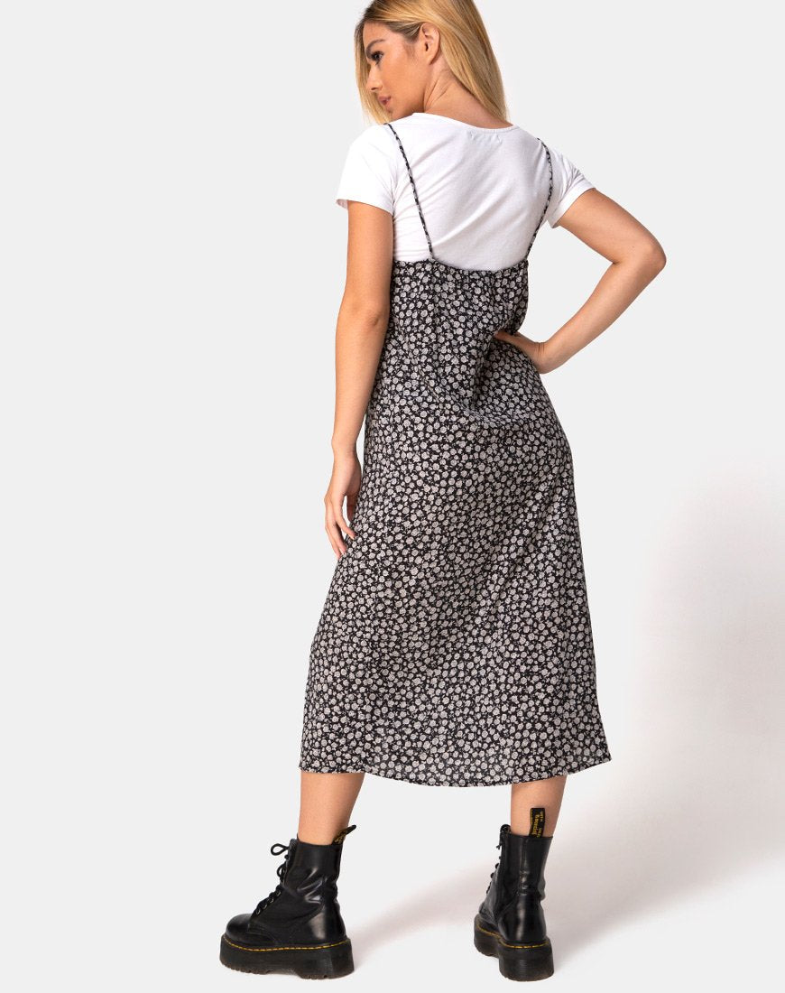 black floral midi slip dress Sini Slip Dress in Ditsy Rose Black