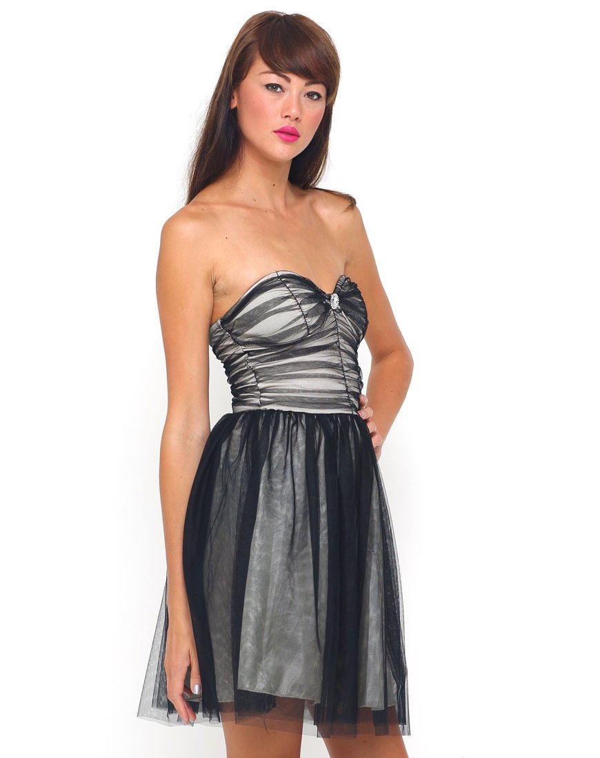 black and nude mesh dress Motel Teardrop Prom Dress in Black and Nude Mesh