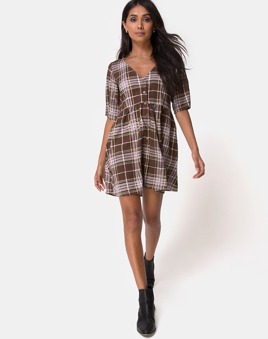 Verren Babydoll Dress in Tartan Brown motelrocks-com-us Verren Babydoll Dress in Tartan Brown motelrocks-com-us