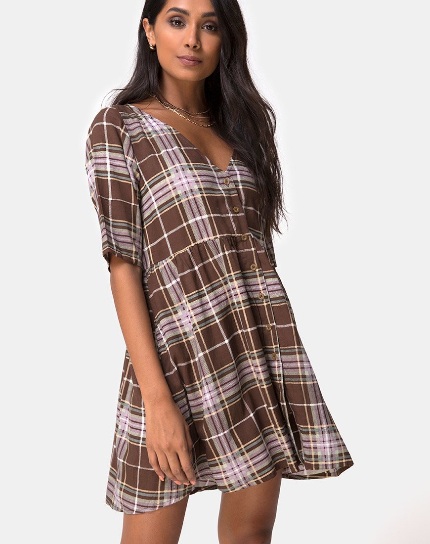 Verren Babydoll Dress in Tartan Brown motelrocks-com-us Verren Babydoll Dress in Tartan Brown motelrocks-com-us