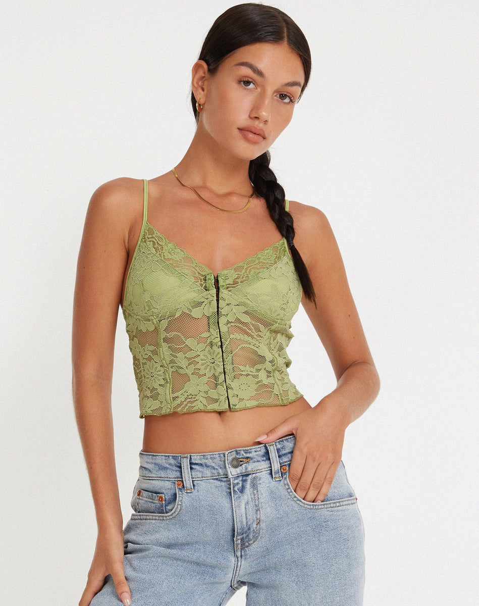 Green Lace V Neckline Crop Top | Yenko – motelrocks-com-us