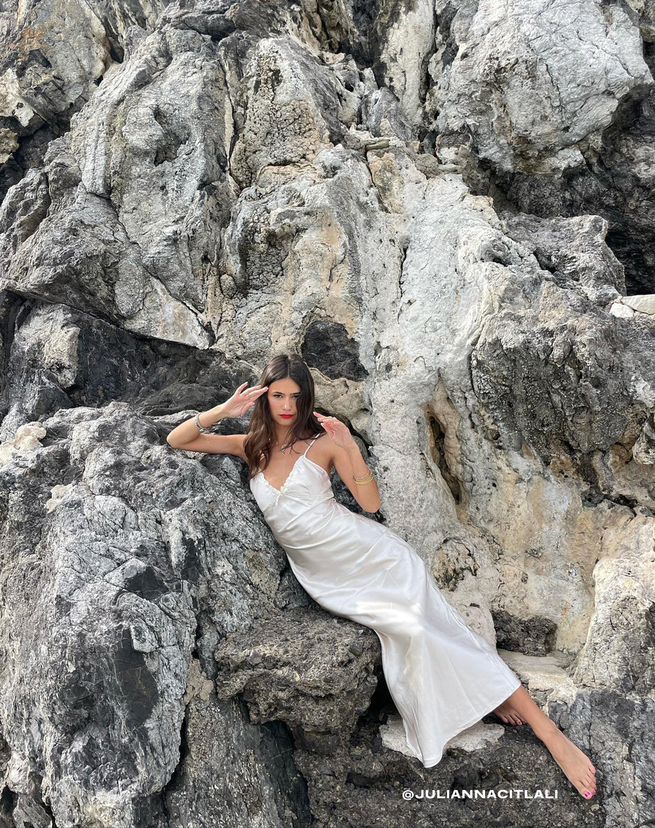 Satin Pearled Ivory Midi Dress | Padil – motelrocks-com-us