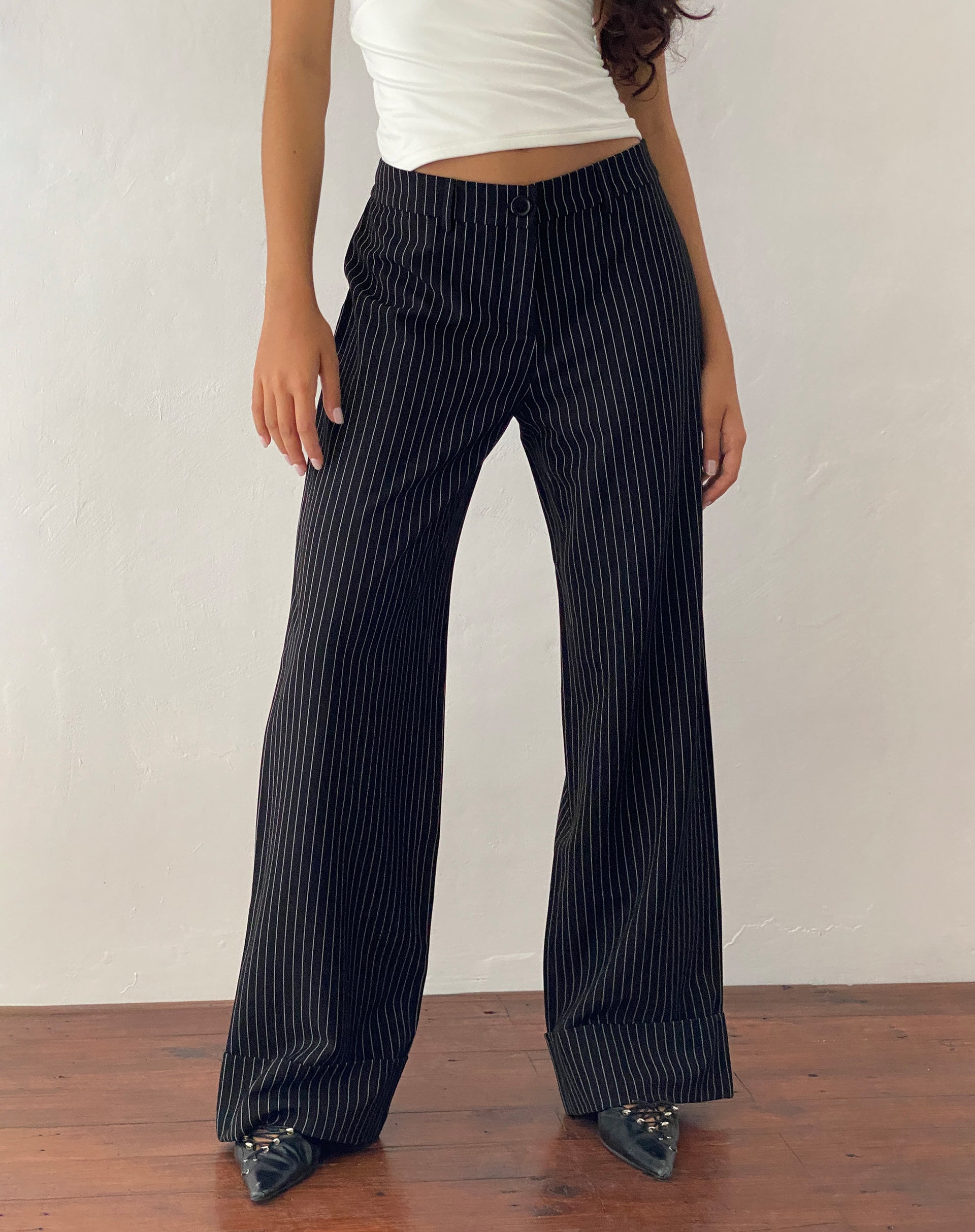 Abba Low Rise Trouser in Black Pinstripe Tailoring Abba Low Rise Trouser in Black Pinstripe Tailoring