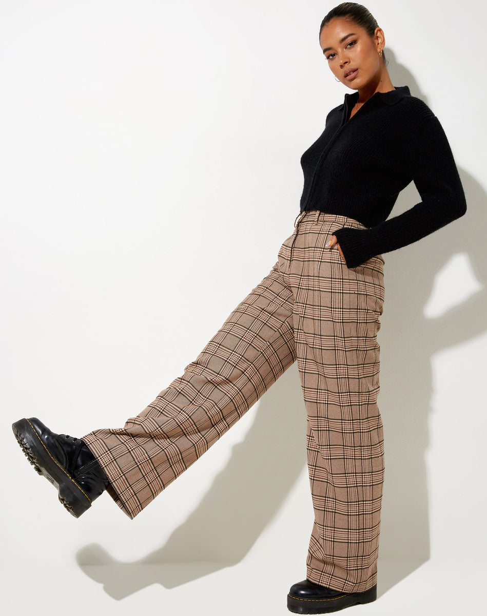 Brown Check Print Wide leg Trousers | Abba – motelrocks-com-us
