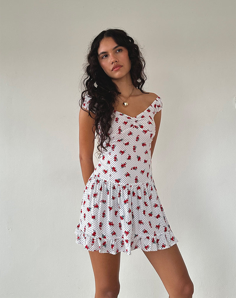 bardot mini dress Aca Bardot Mini Dress in White Rose Polka , Floral , Frill , V Neck