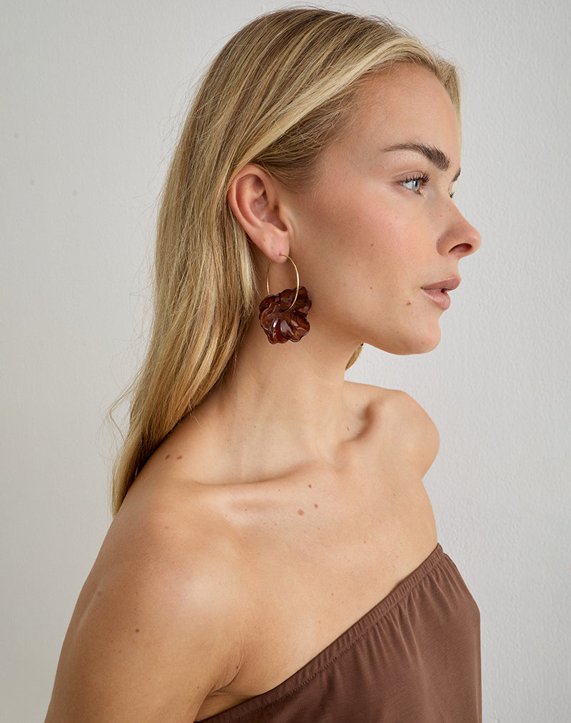 Image of Acrylic Brown Flower Gold Hoop Earrings