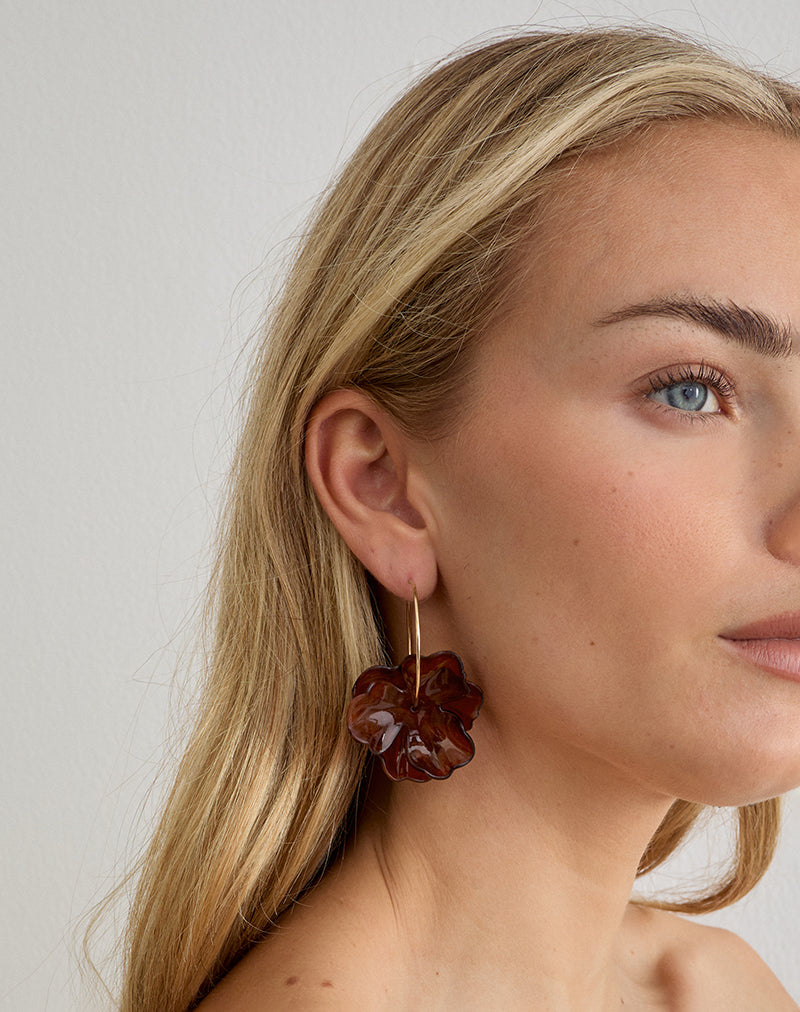 Image of Acrylic Brown Flower Gold Hoop Earrings