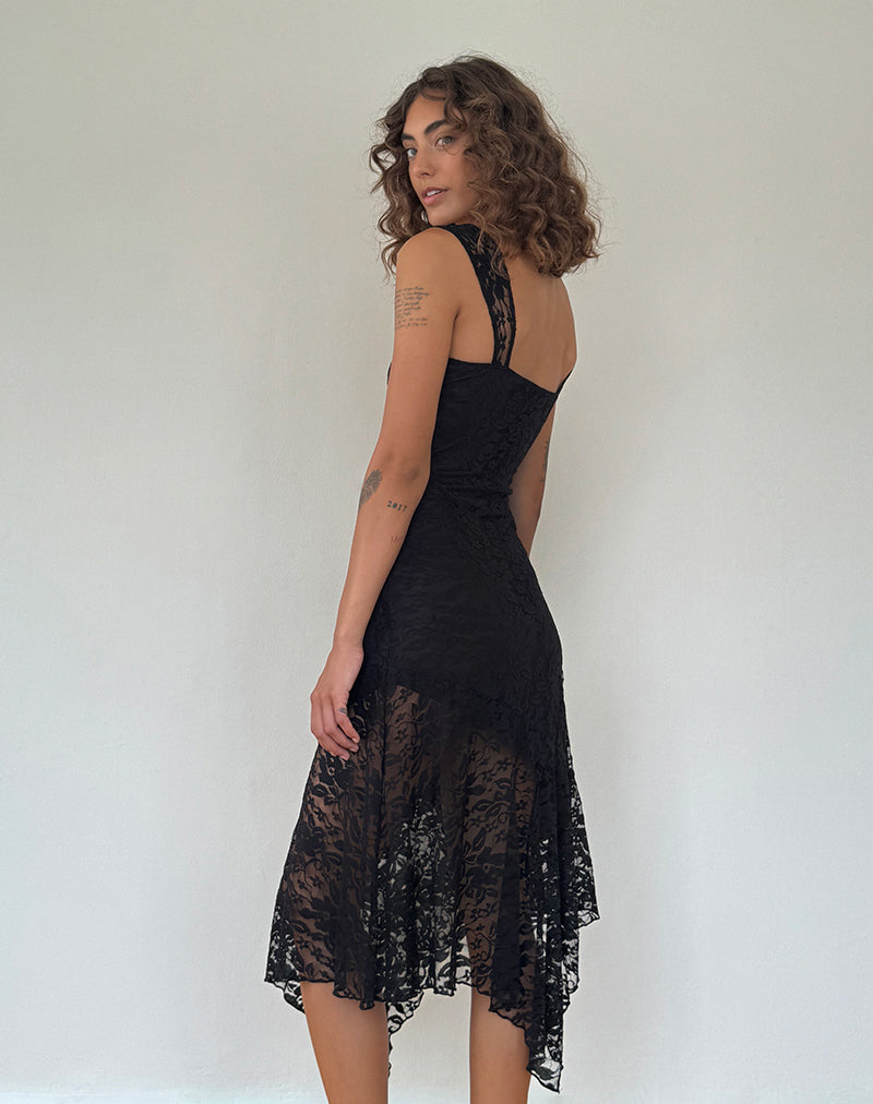 Image of Adeliza Asymmetric Midi Dress in Floral Lace Jet Black