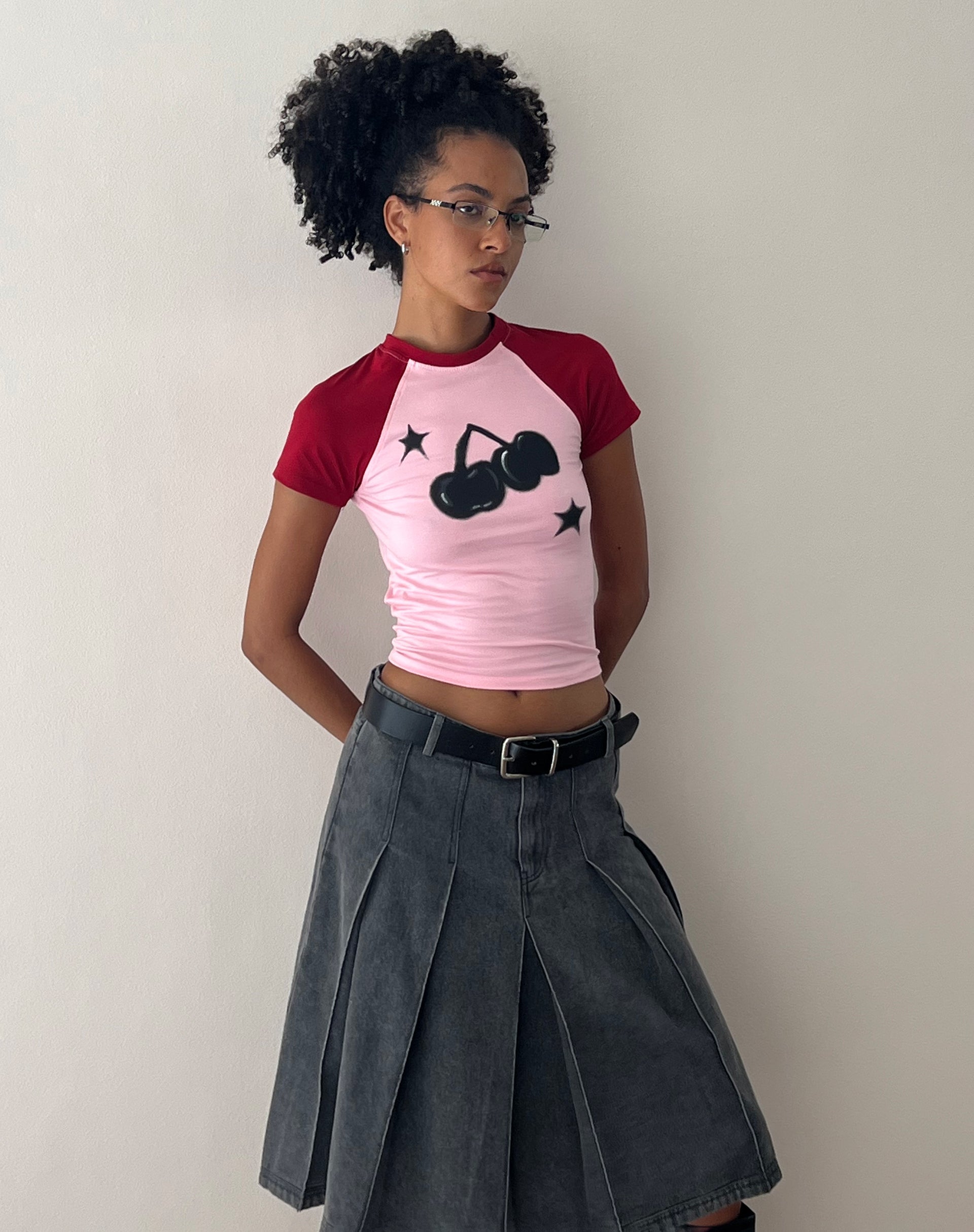 Red Cherry Print Ballet Pink Baby Tee | Agneta – motelrocks Red Cherry Print Ballet Pink Baby Tee | Agneta – motelrocks
