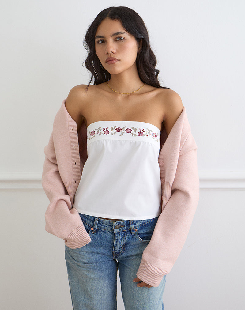 White Poplin with Cherry Blossom Embroidery Top | Ahera