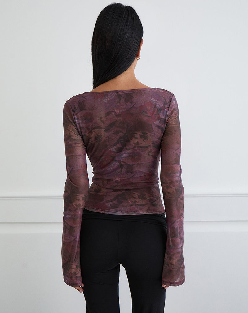 Image of Aifee Long Sleeve Top in Mesh Blurry Floral Burgundy
