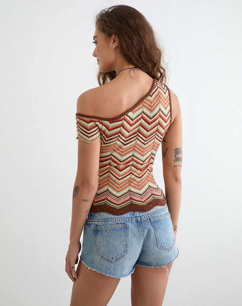 Image of Aisling Off Shoulder Top in Green Multi Stripe