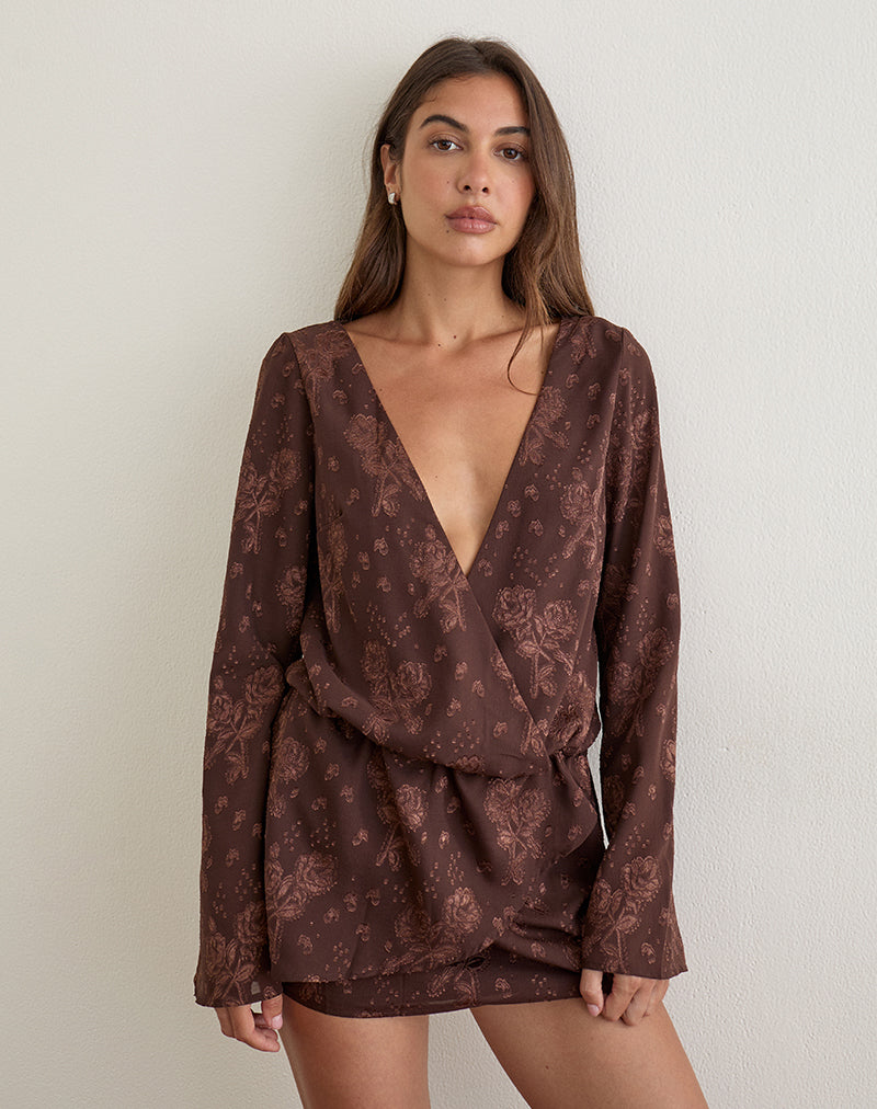 Image of Alaia Mini Dress in Floral Jacquard Chiffon Brown