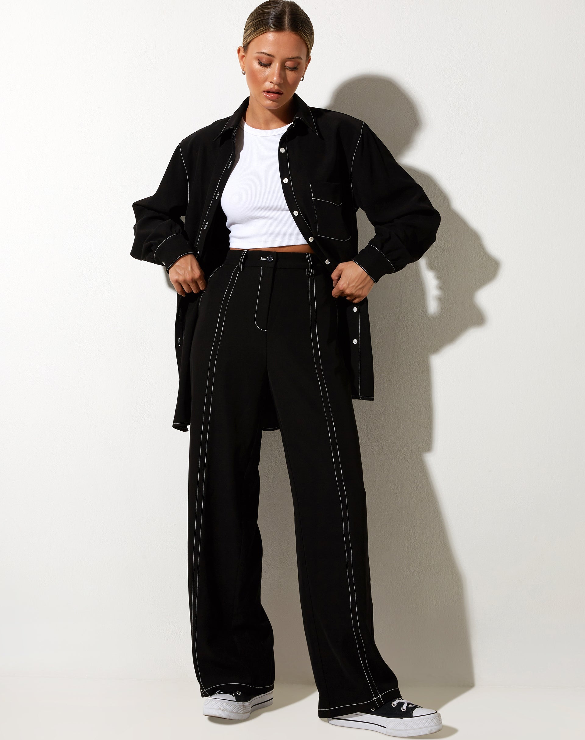 image of Albus Trouser in Black with White Stitch