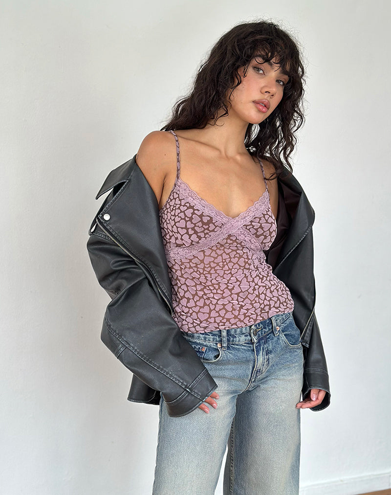 Image of Alcesta Top in Brown Flock Mesh with Pink Heart Print