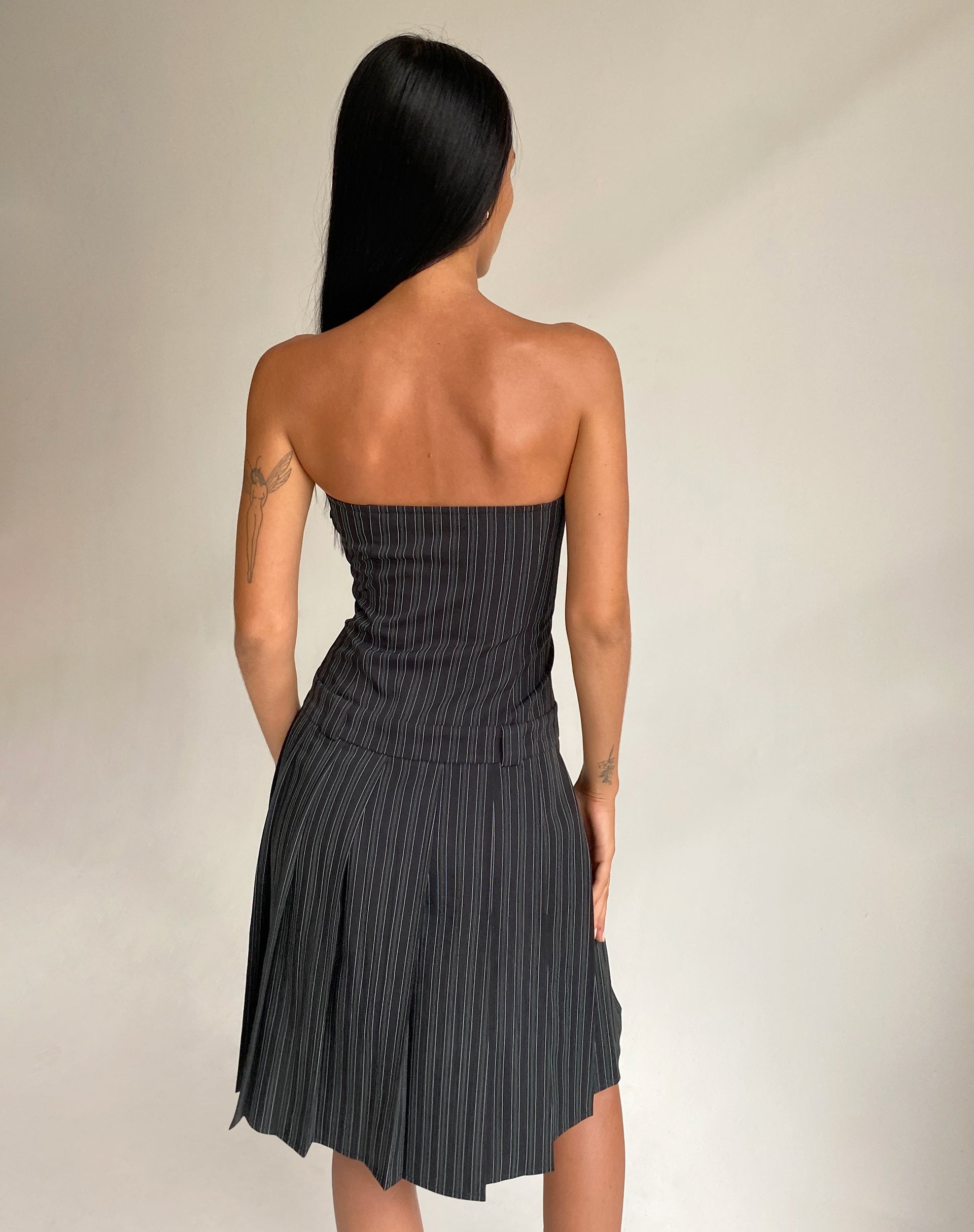 Image of Aldari Bandeau Midi Dress in Tailoring Black Pinstripe