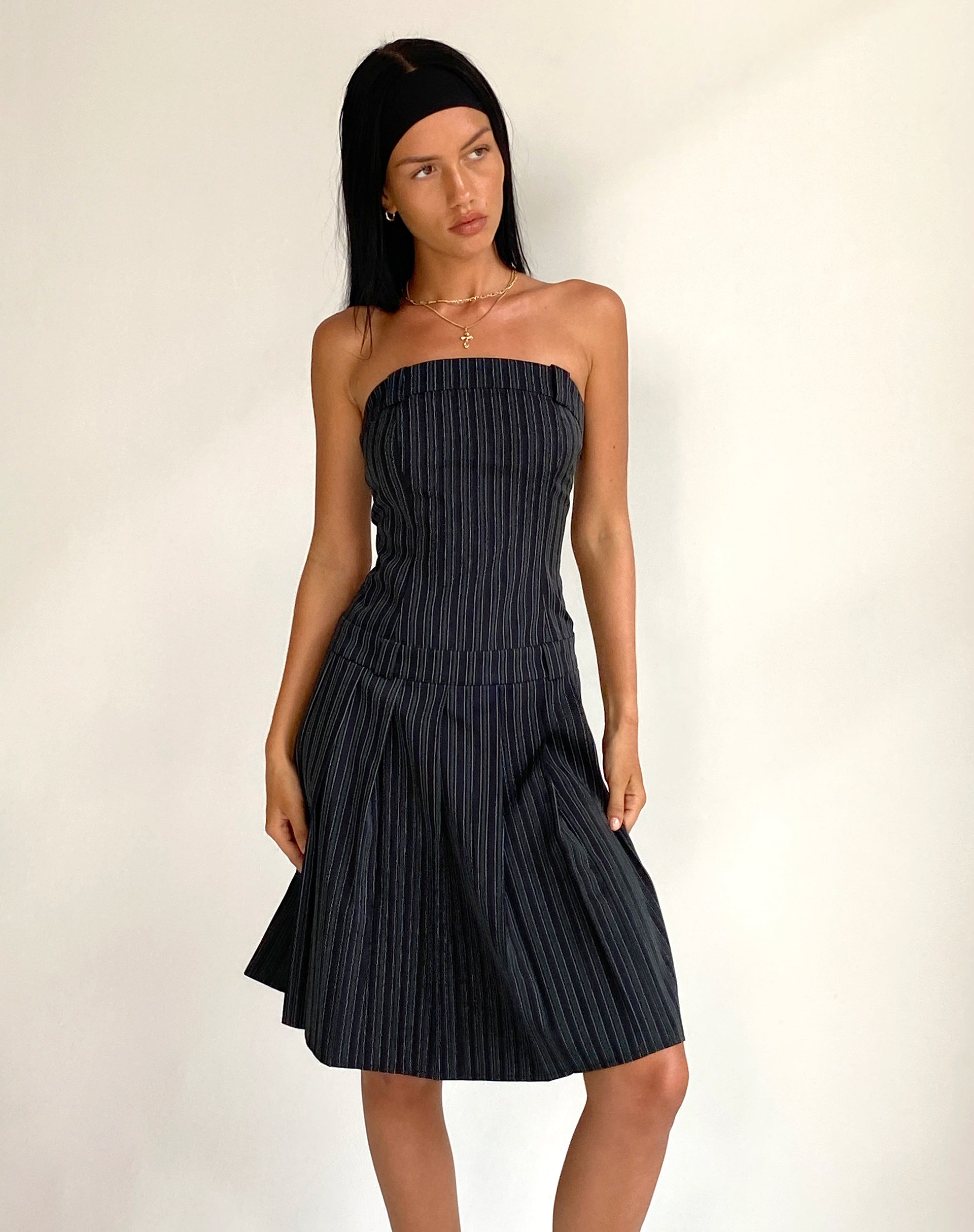 Aldari Bandeau Midi Dress in Tailoring Black Pinstripe Aldari Bandeau Midi Dress in Tailoring Black Pinstripe
