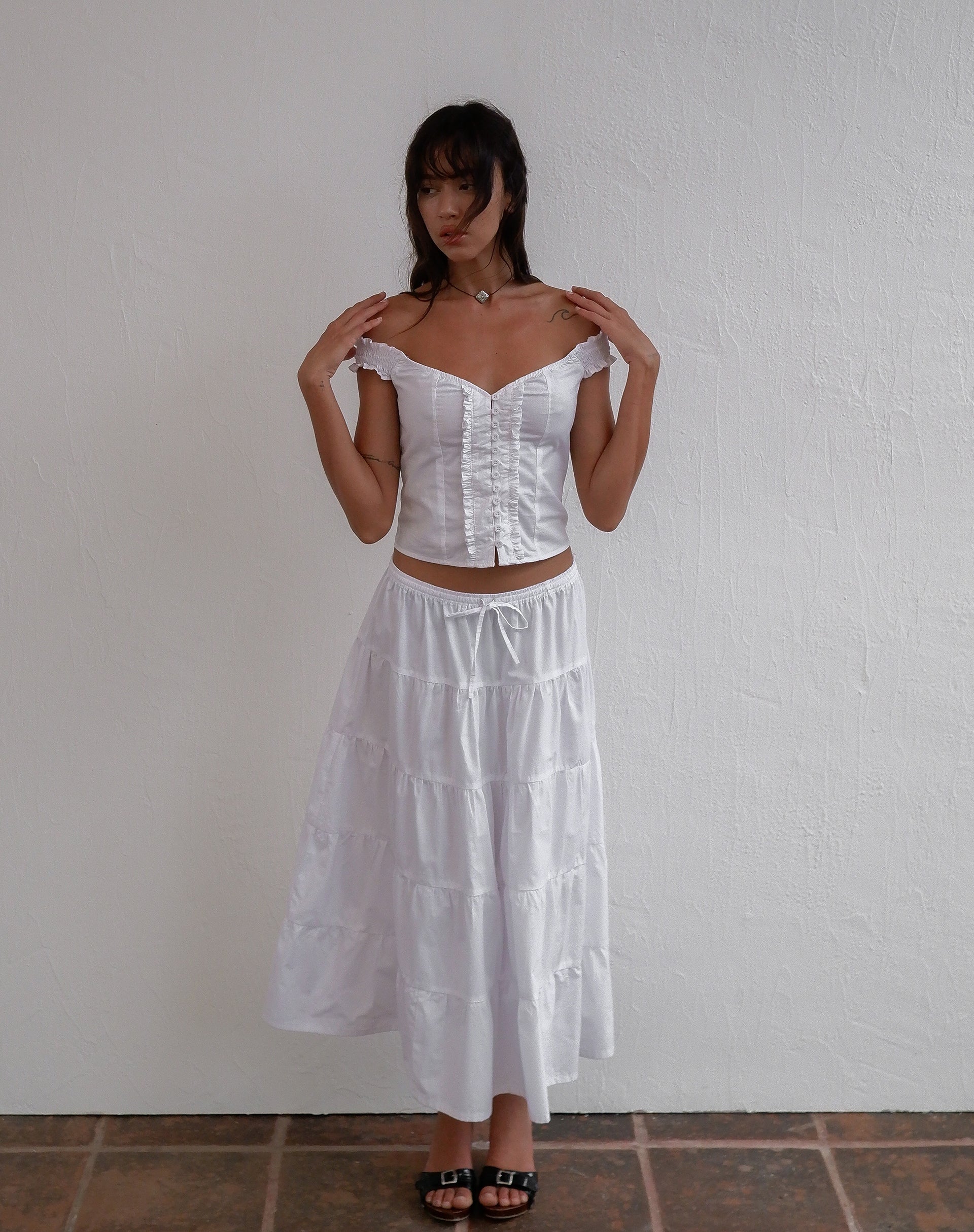 Image of Izumi Tiered Midi Skirt in Poplin White