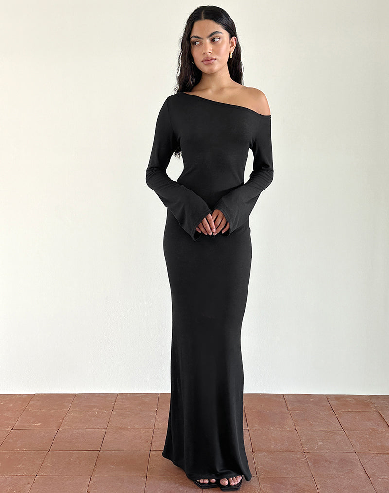 Black Sheer Knit Long Sleeve Asymmetric Maxi Dress | Aldiana